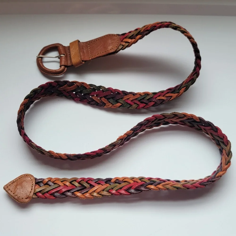 Brown Multi Colored Braided Leather Belt‎ Boho Woven Made in USA Size Large